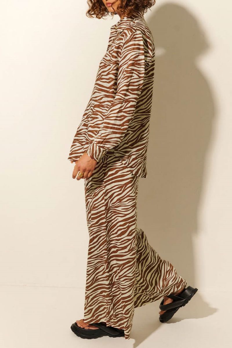 Ensemble pantalon ample à col ouvert et boutons, imprimé zèbre, cordon de serrage, jambes larges