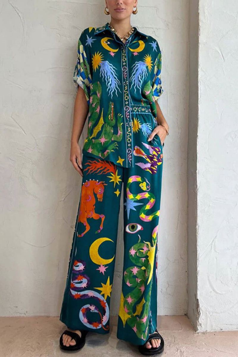 Einzigartiges Print-Hosenset mit elastischem Bund und Taschen und weitem Bein
