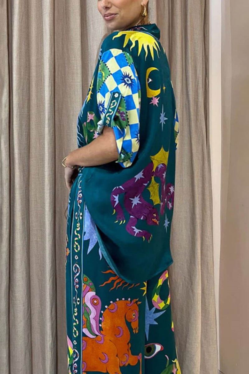 Einzigartiges Print-Hosenset mit elastischem Bund und Taschen und weitem Bein