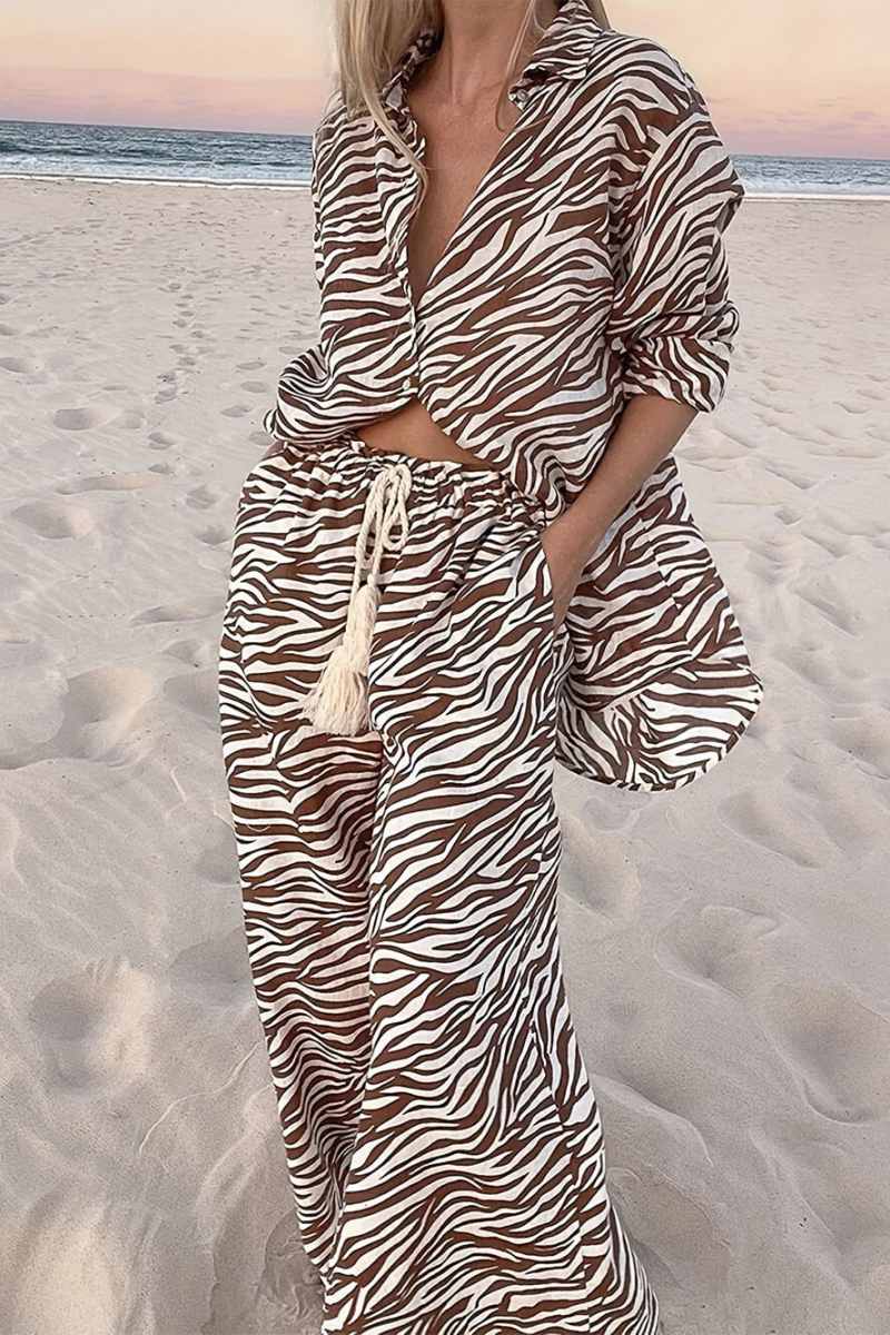 Ensemble pantalon ample à col ouvert et boutons, imprimé zèbre, cordon de serrage, jambes larges