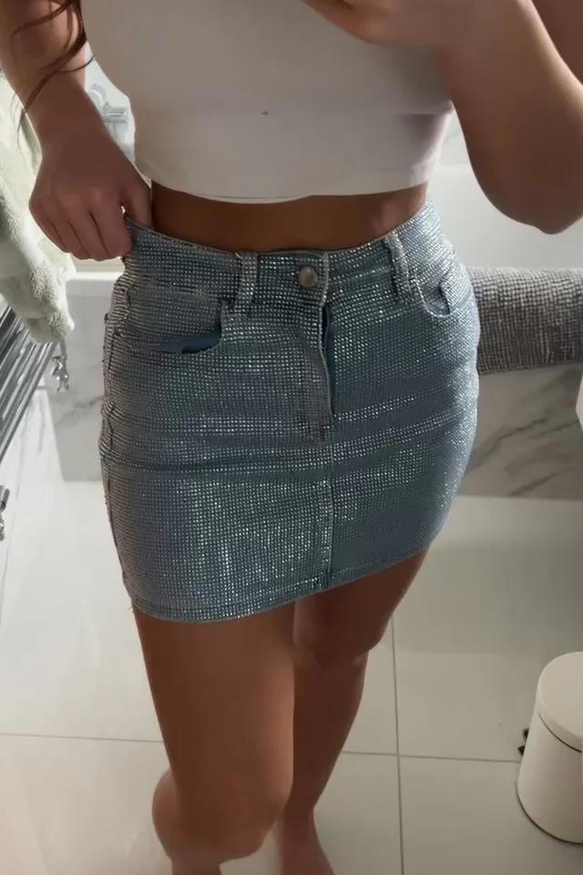 Stretchy Diamanté Denim Mini Skirt