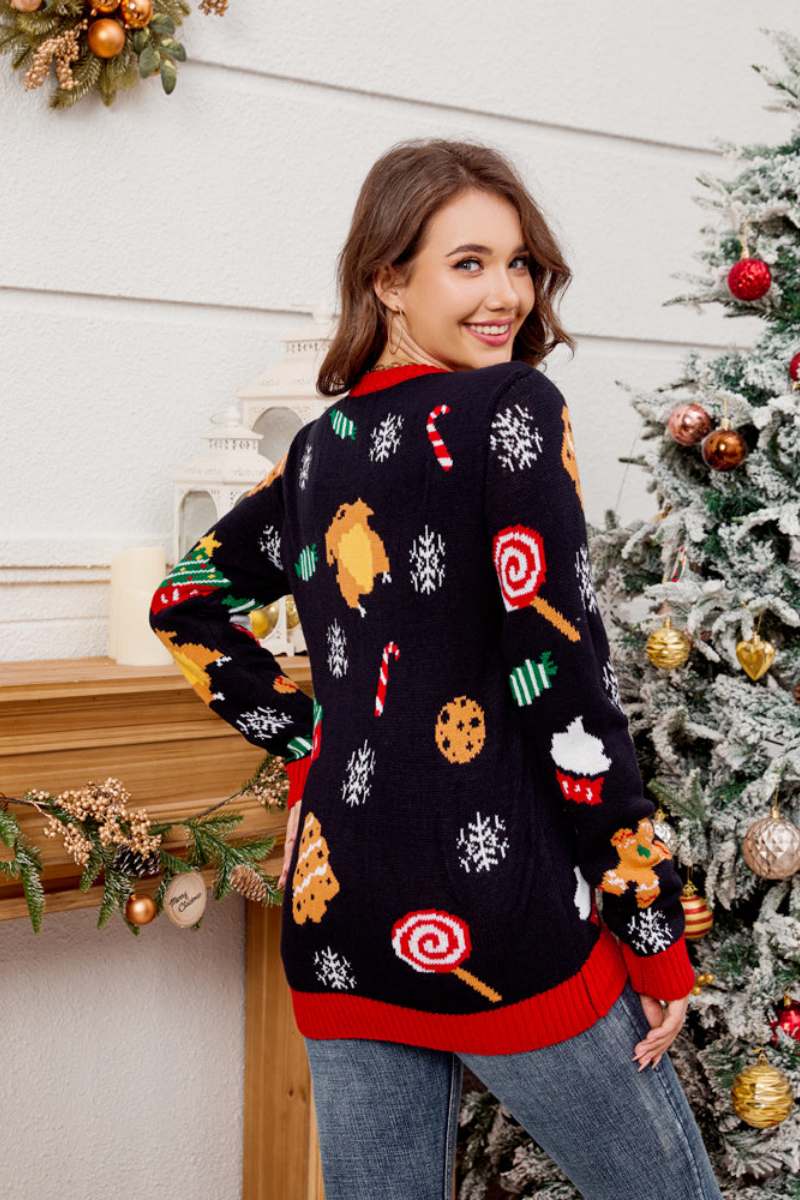 Pull décontracté à col rond et arbre de Noël brodé