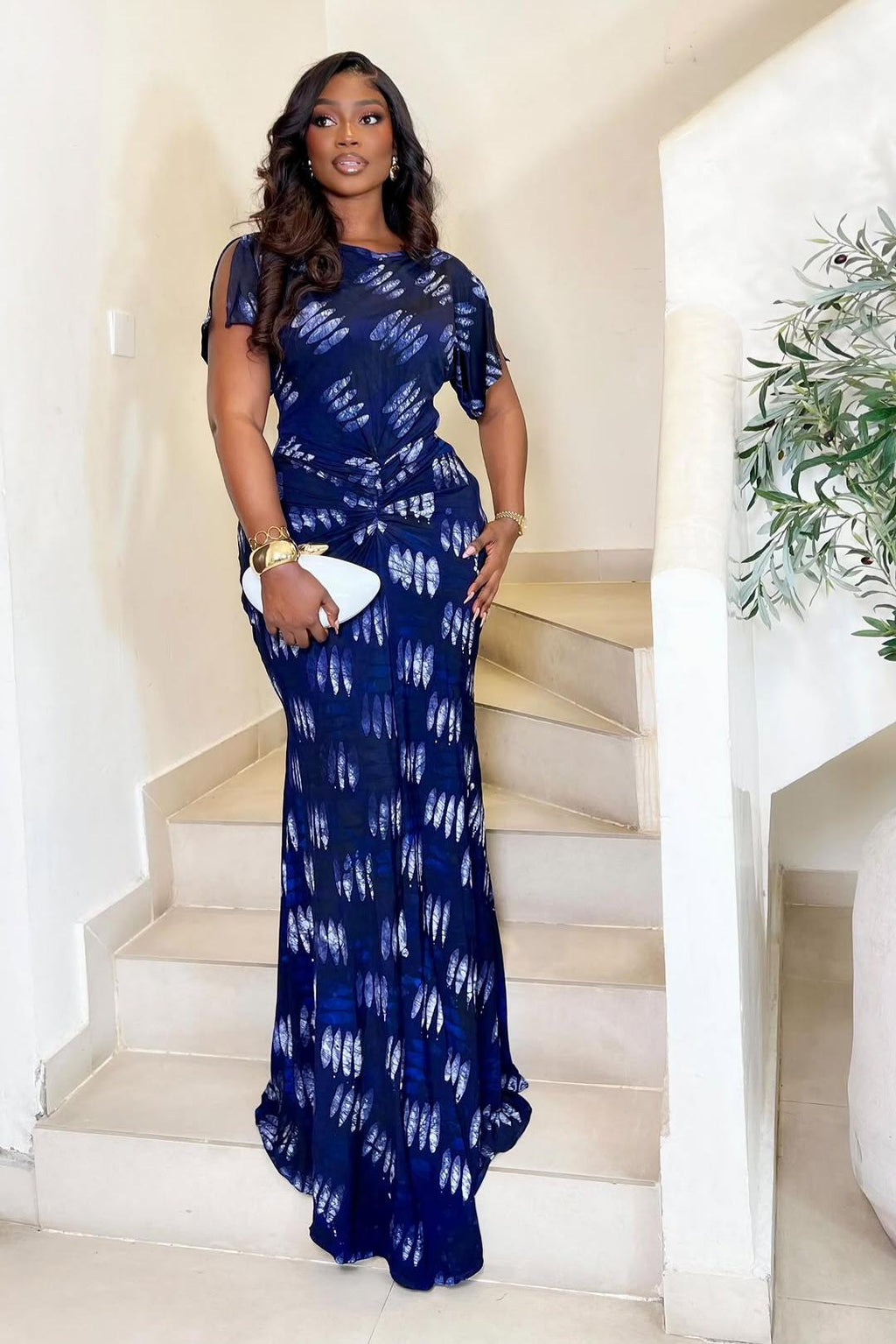 Navy Blue Feather-Print Ruched Maxi Dress Navy Blue Feather-Print Ruched Maxi Dress