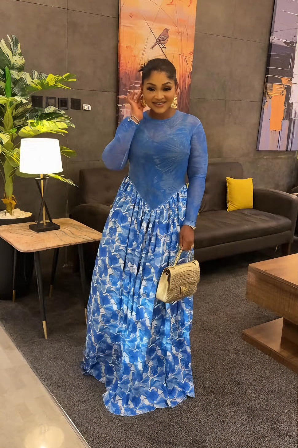 Oceanic Abstract Pleated Maxi Dress