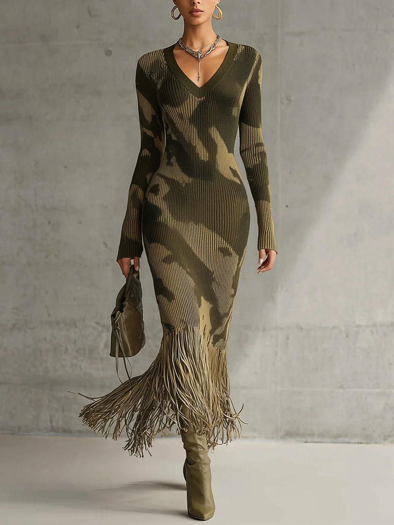 camo knit dress Olive V-Neck Fringe Hem Midi luxury dresser