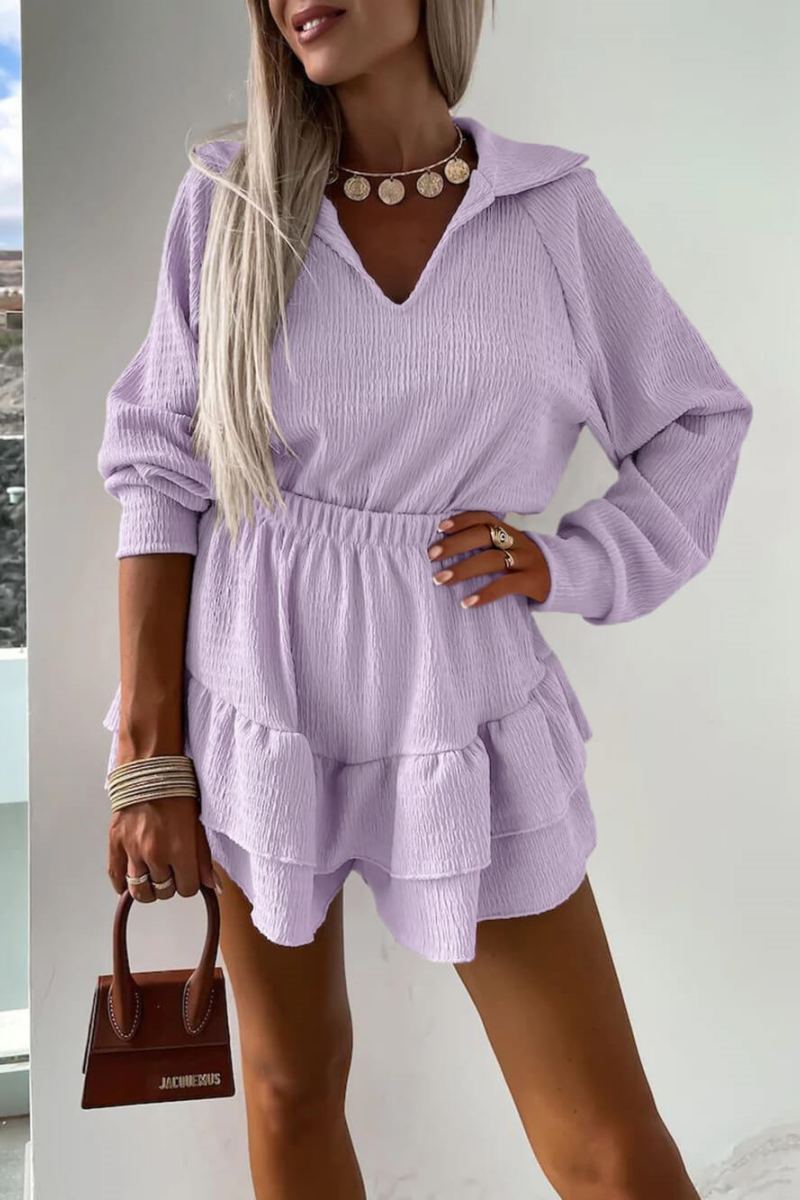 Ensemble deux pièces chemise et jupe-short évasée à col en V pour femme