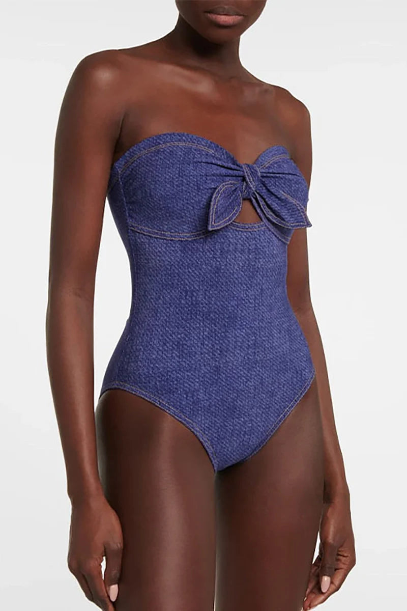 Denim Bandeau One Piece Swimsuit Set
