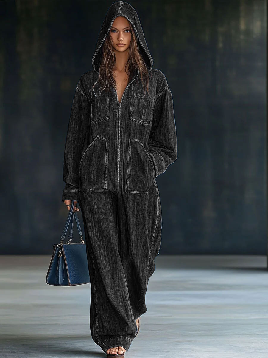 Casual løs retro lomme langermet hettejakke med glidelås denim jumpsuit