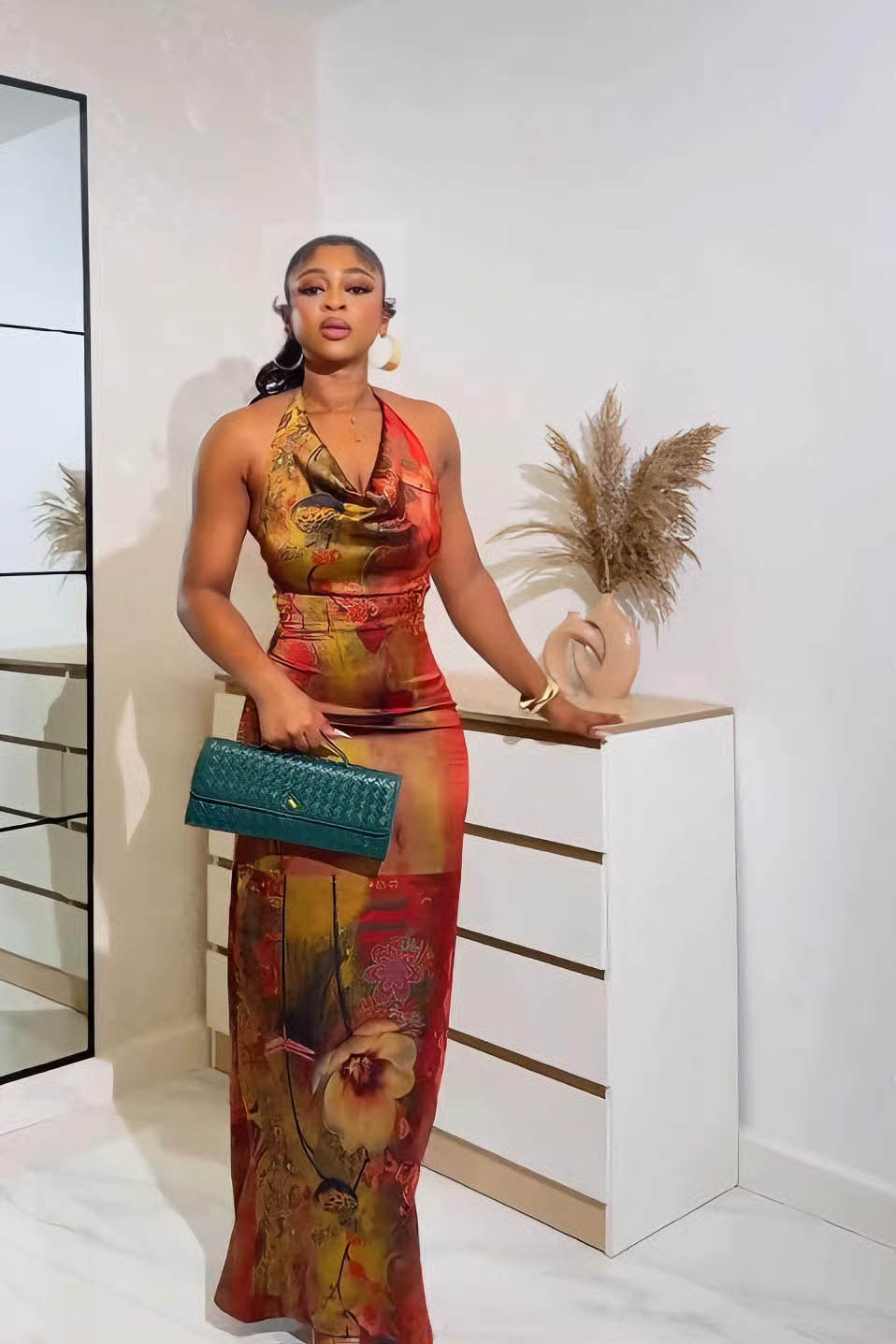 Fiery Floral Robe & Bodycon Maxi Dress Set