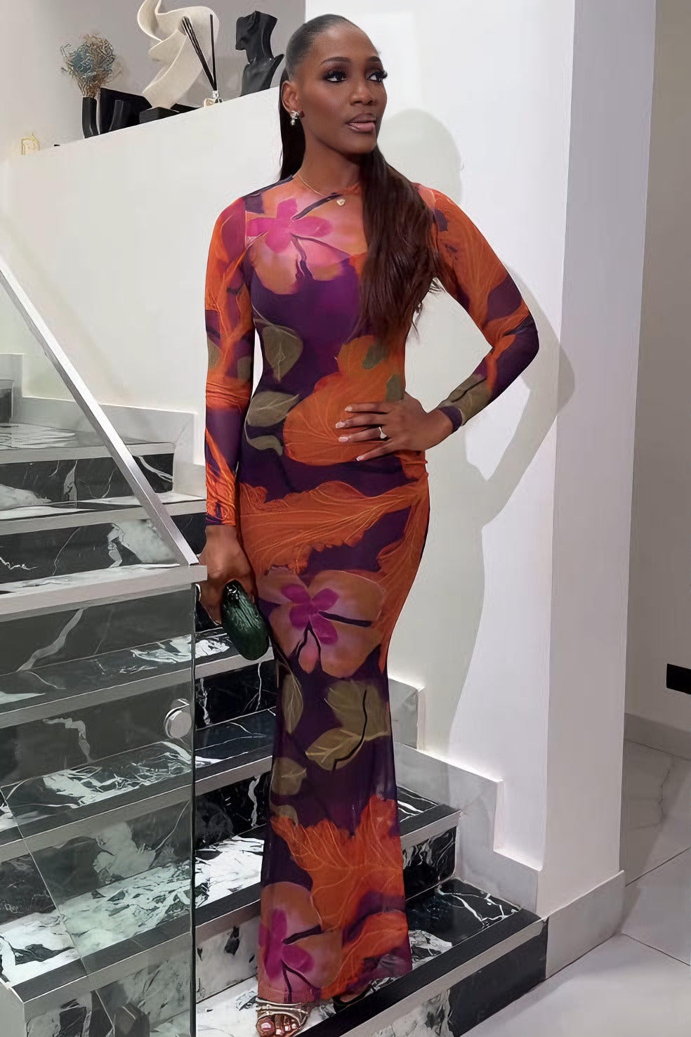 Luxury Floral High-Neck Mermaid Maxi Dress