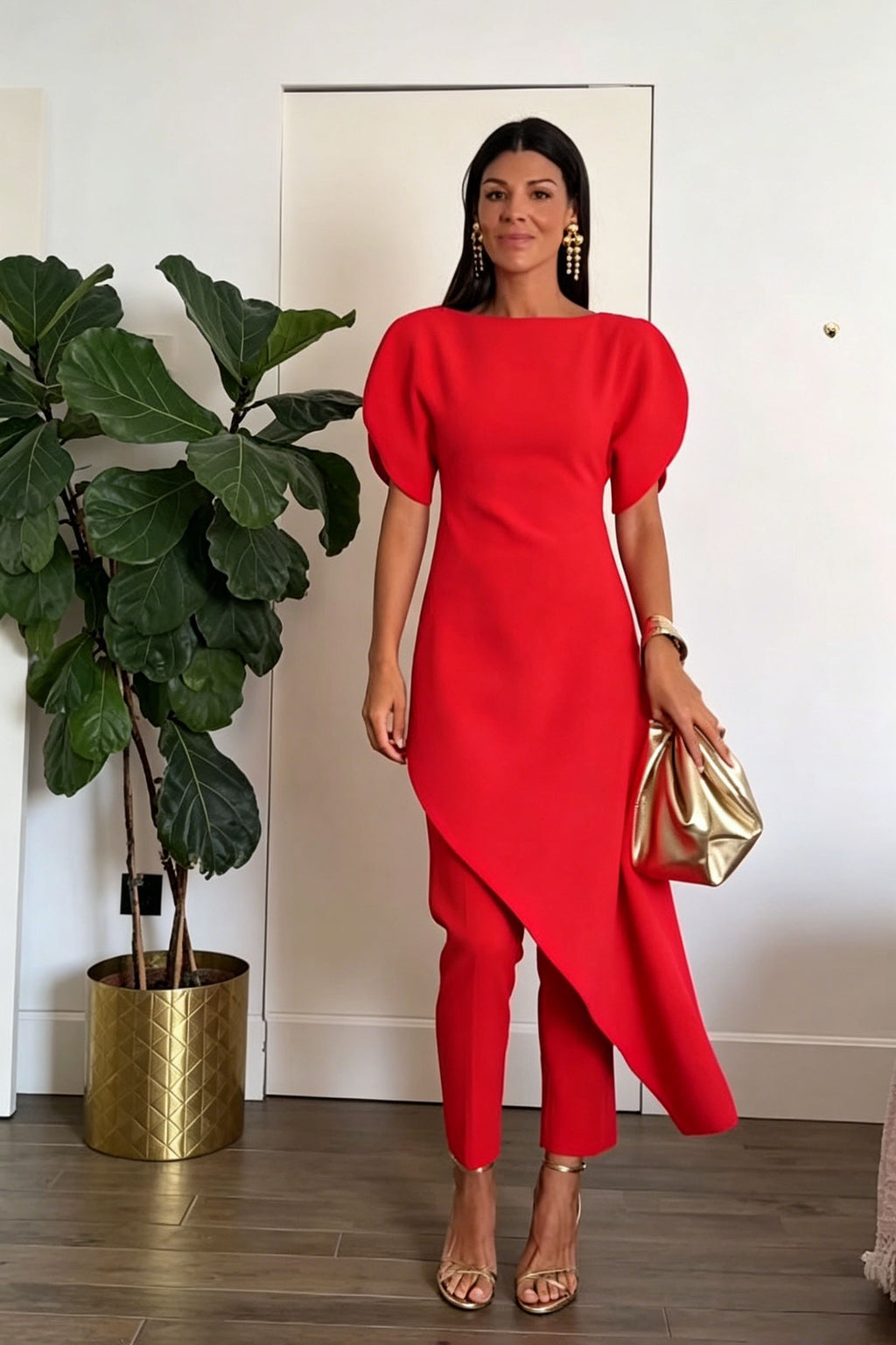 Modern Structured Red Midi Dress