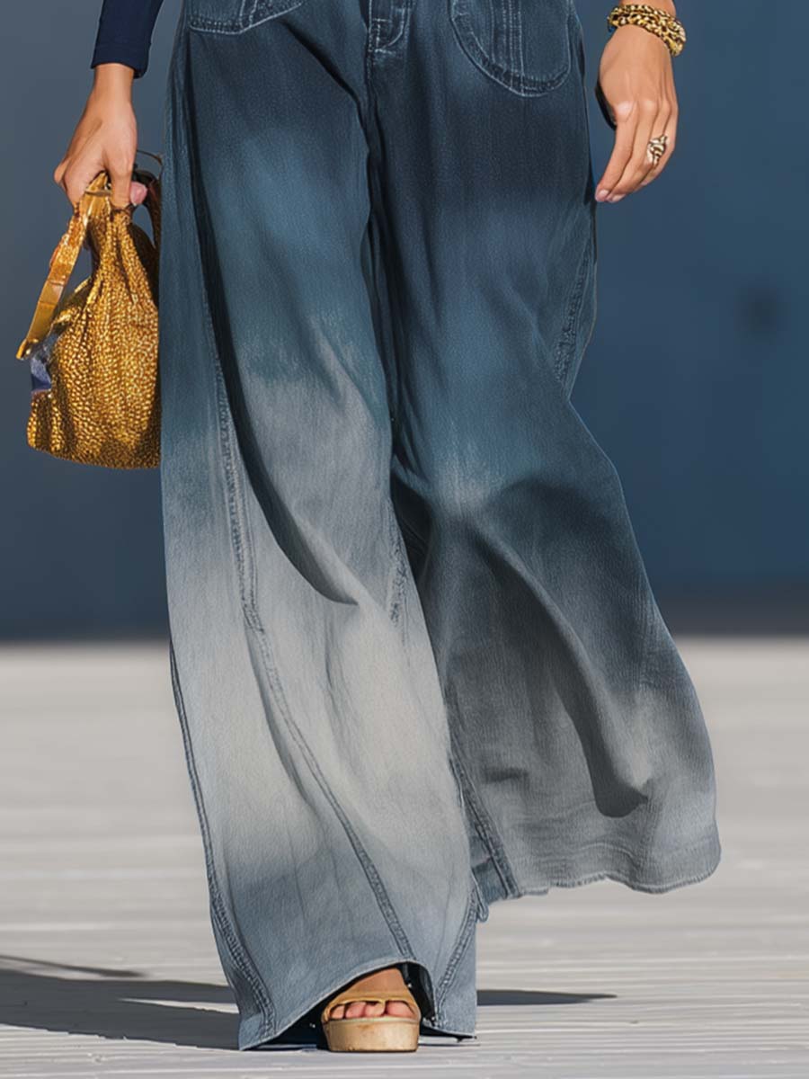Casual mode gradient gewassen denim blauwe grijze losse broek