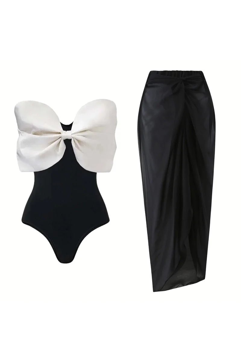 Black and White Bow One Piece Swimsuit Set