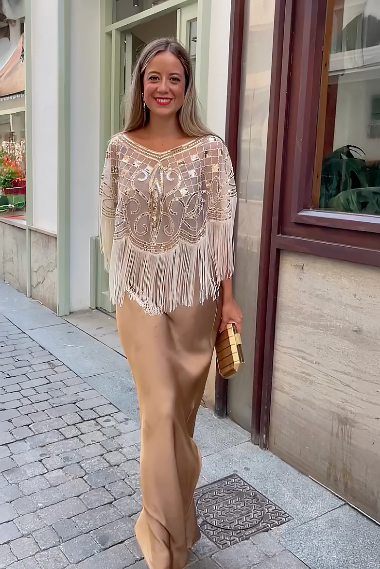 Party Ready Sequin Fringe Cape Satin Dress