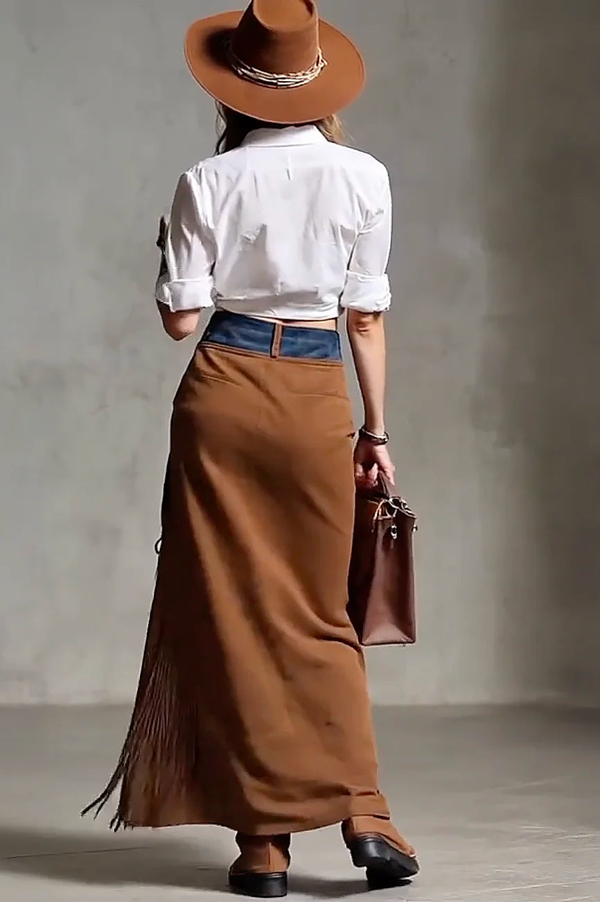 Suede Fringe Maxi Skirt