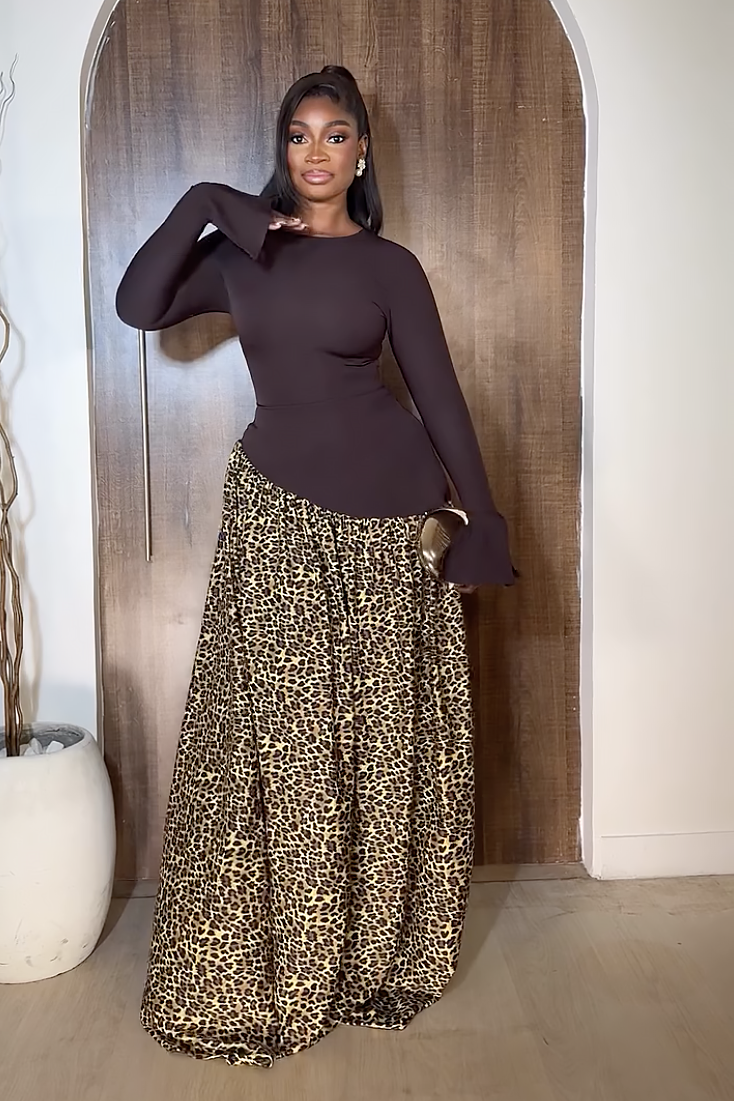 Chic Brown-Leopard Maxi Dress