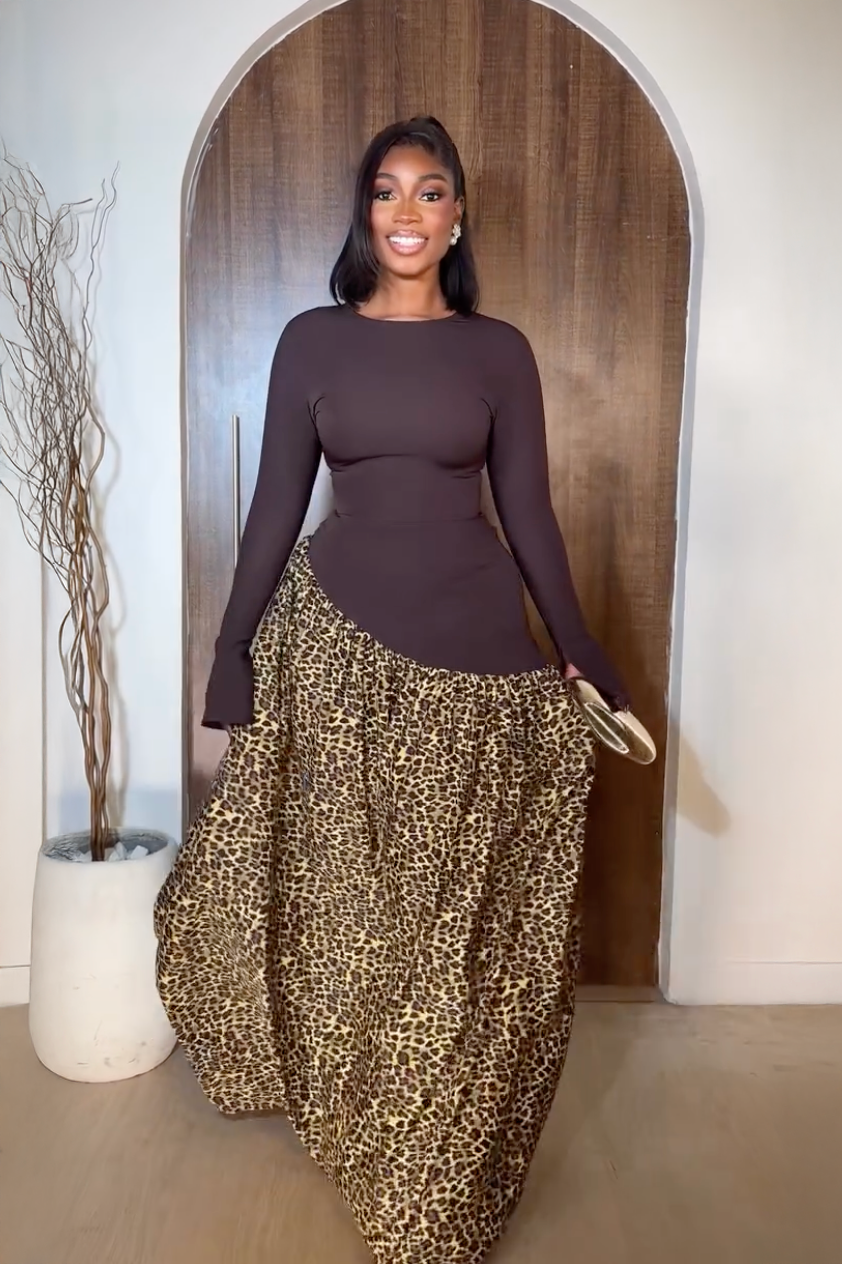 Chic Brown-Leopard Maxi Dress
