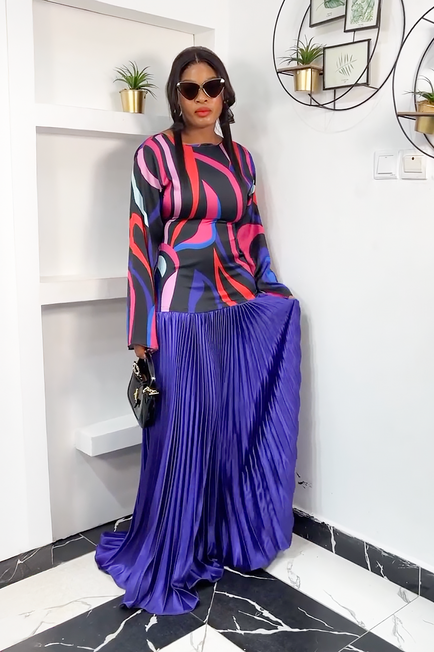 Abstract Wave Pleated Maxi Dress