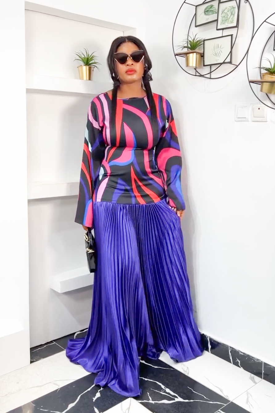 Abstract Wave Pleated Maxi Dress