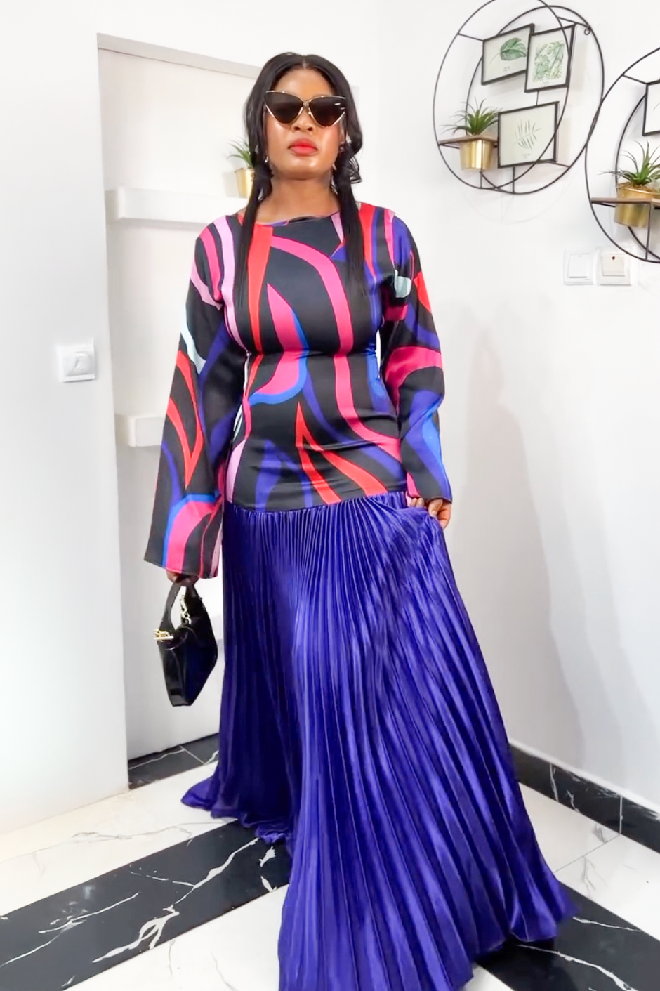 Abstract Wave Pleated Maxi Dress