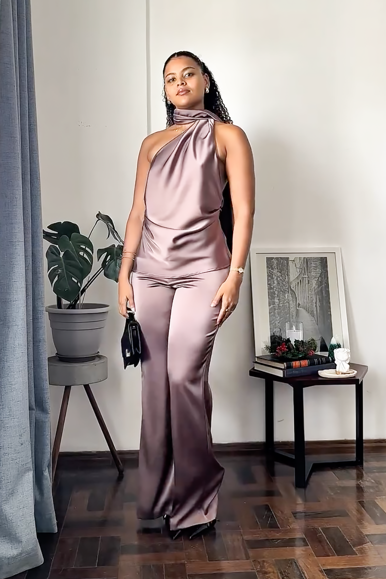 Mauve Satin Halter Pants Set