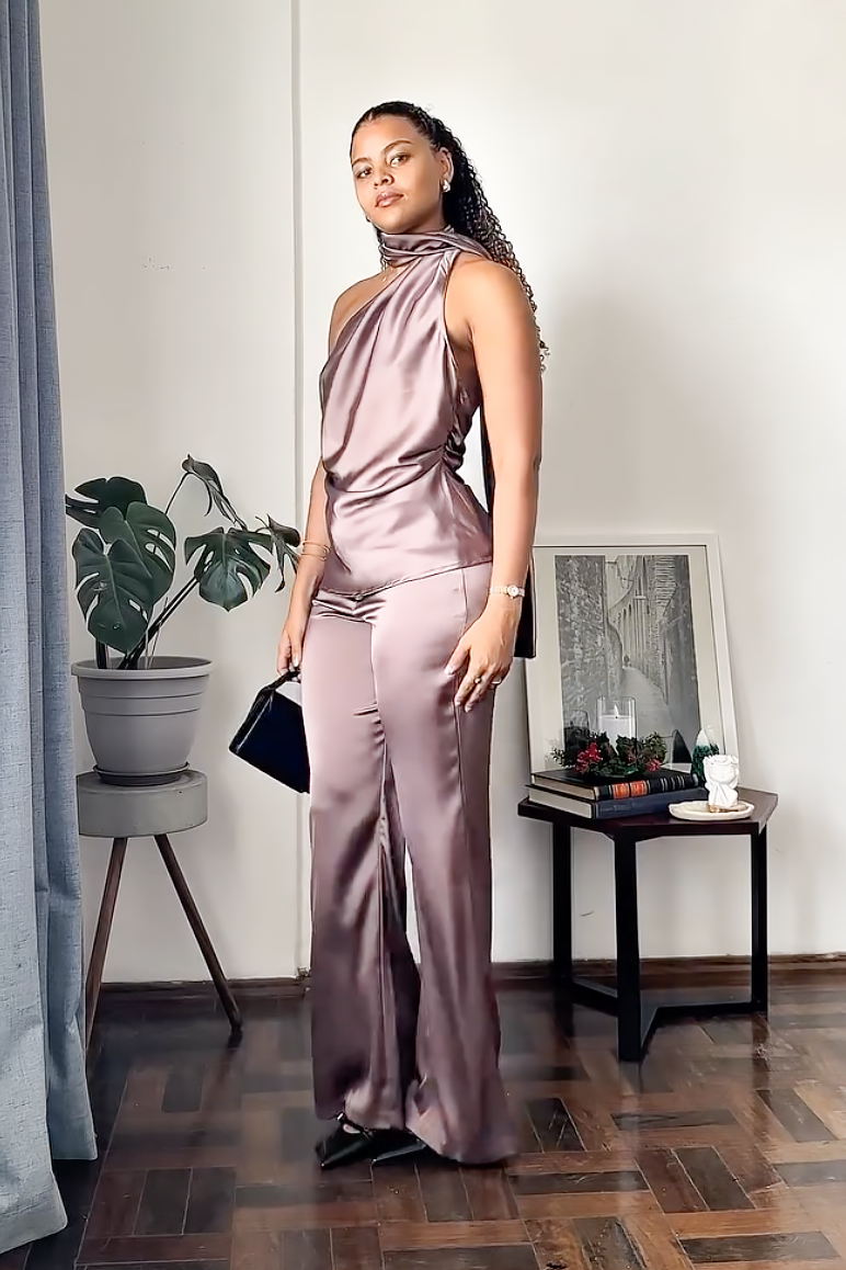 Mauve Satin Halter Pants Set