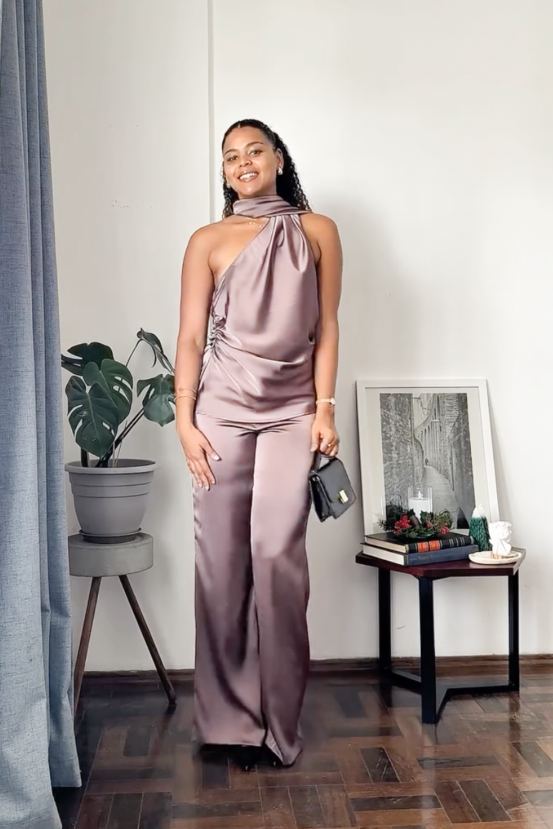 Mauve Satin Halter Pants Set
