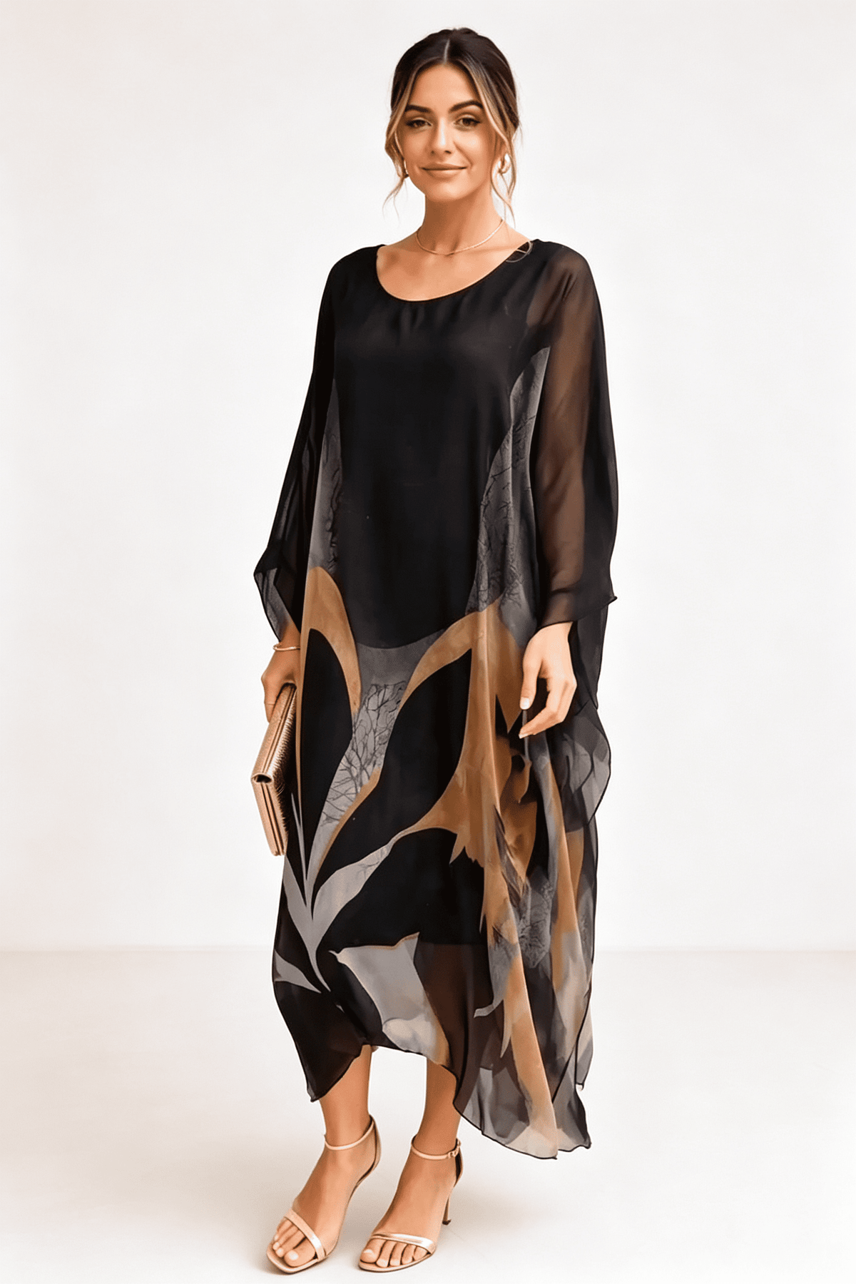 Schwaarz-Gro-Gëll Gedréckte Kaftan Maxi-Kleed