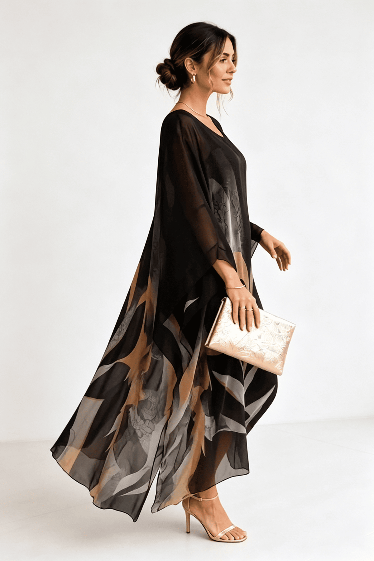 Schwaarz-Gro-Gëll Gedréckte Kaftan Maxi-Kleed