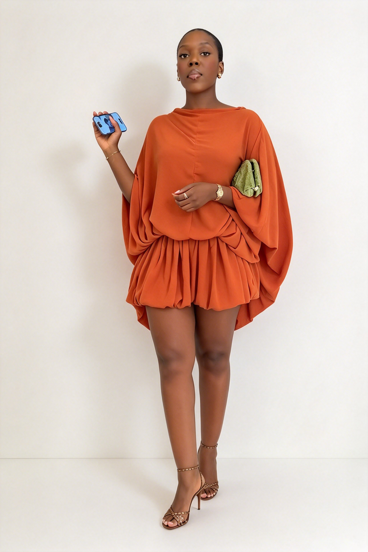 Orange Loose-Sleeve Ruched Size Mini Dress