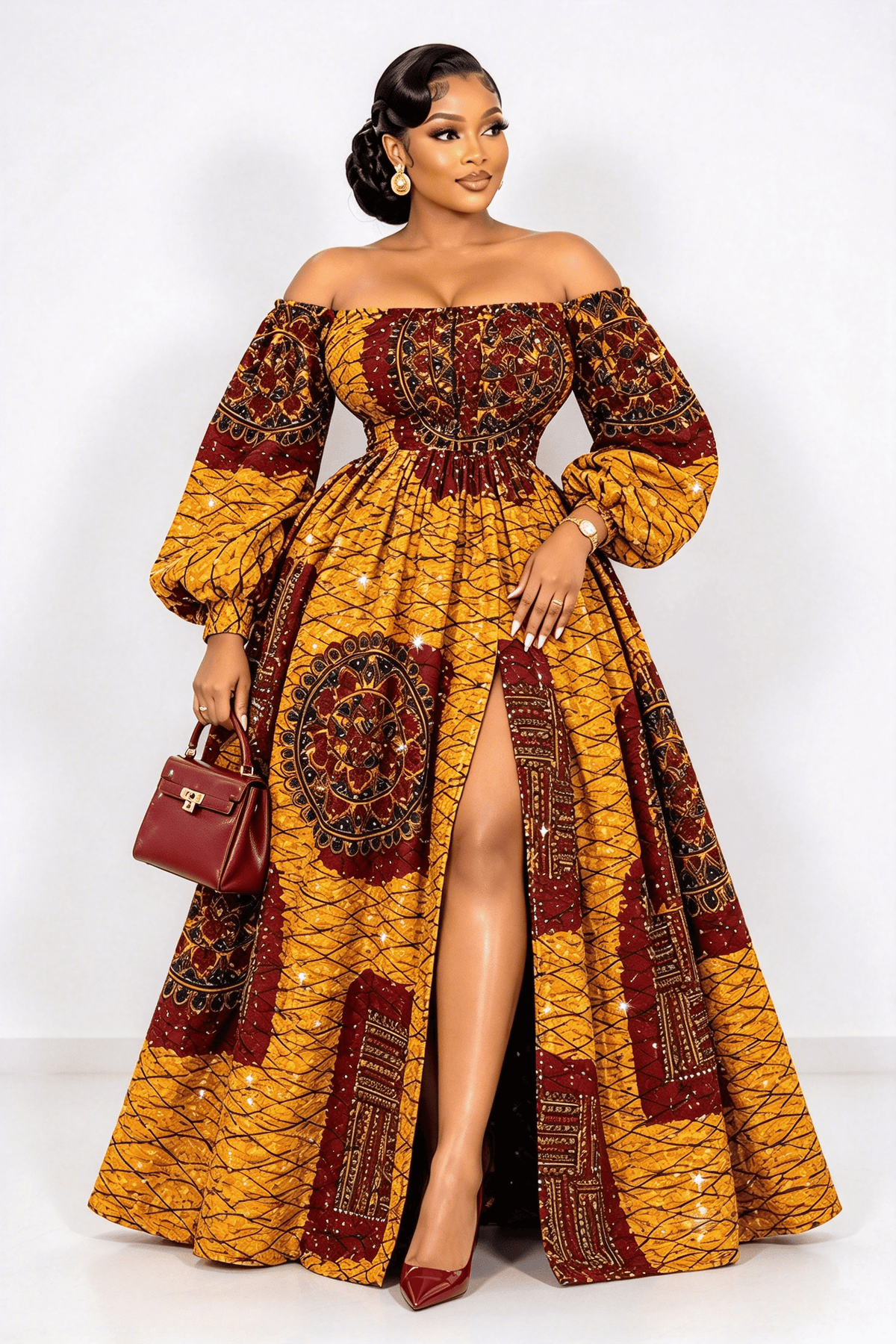 Bedrucktes Kaftan-Maxikleid in Schwarz-Grau-Gold