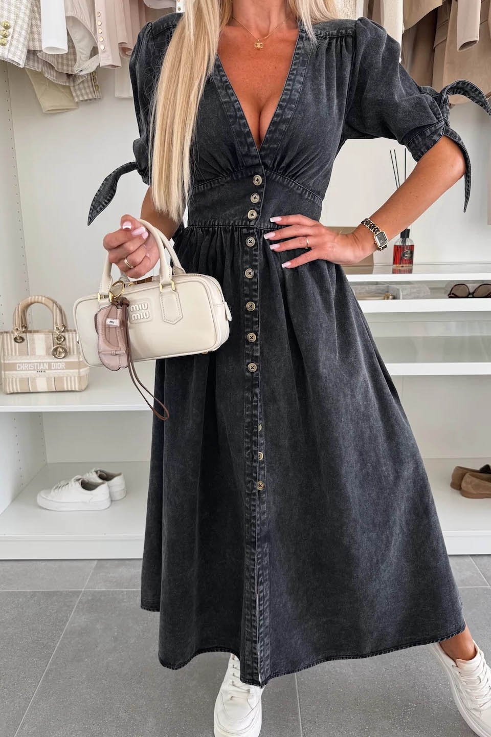 Minimalist V-Neck Buttoned Denim Gown
