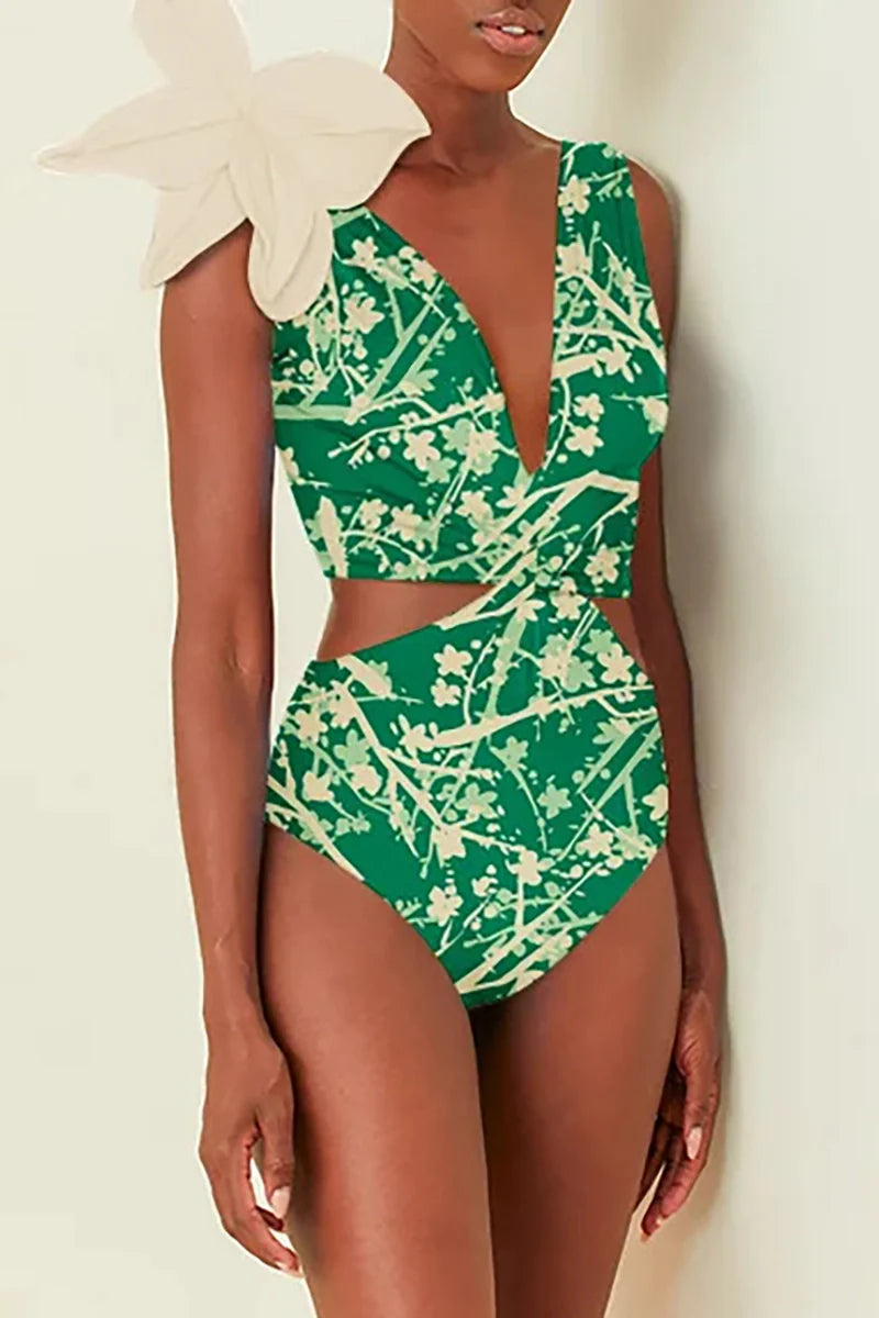 Floral Appliqué Green Printed One-Piece Swimsuit