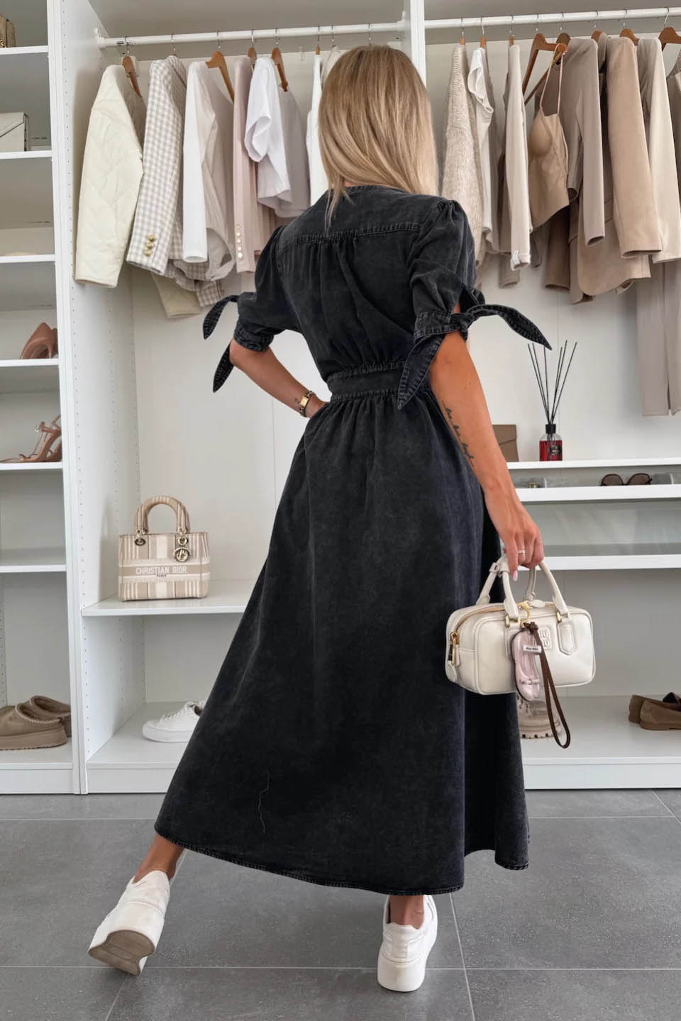 Minimalist V-Neck Buttoned Denim Gown