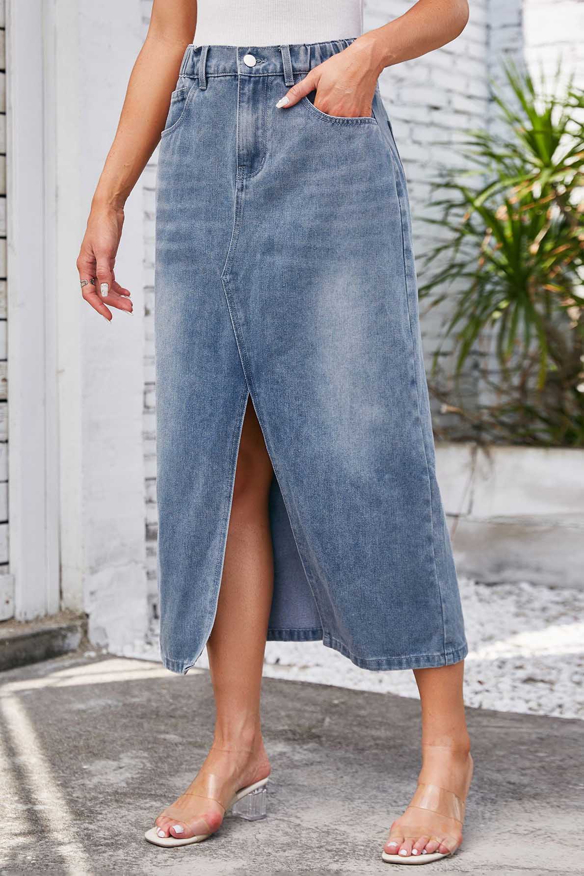 Tvättad elastisk midja denim midi kjol