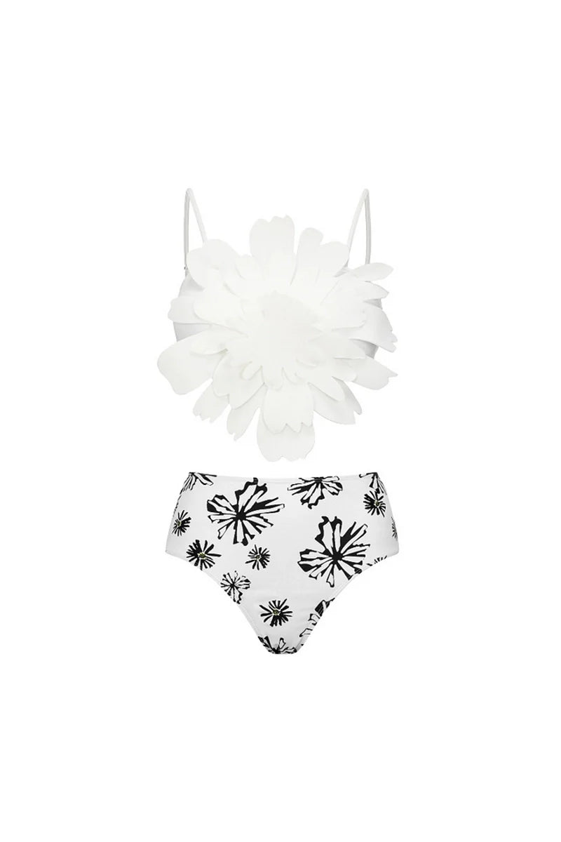 Floral Trim White Printed Bikini Set