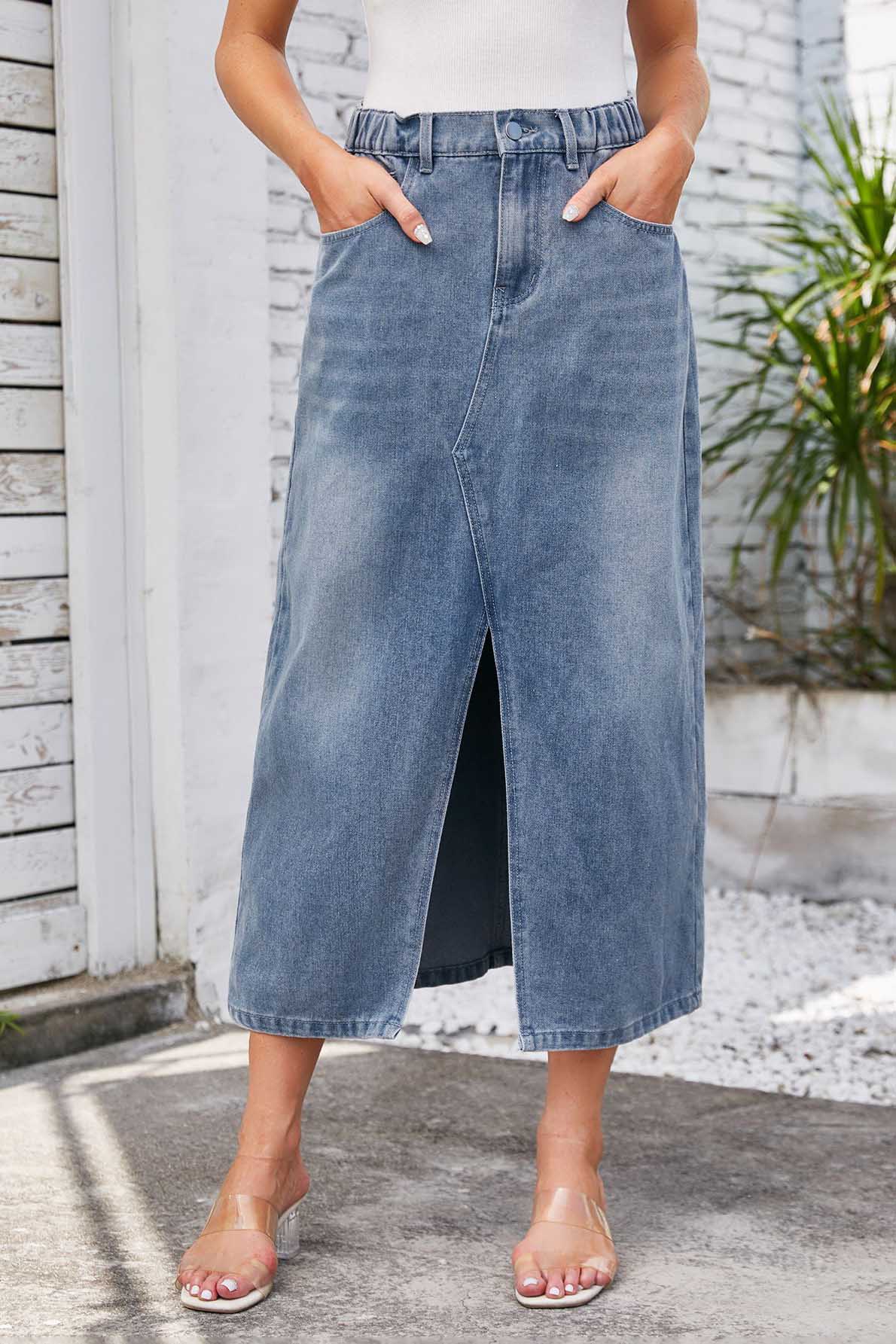 Tvättad elastisk midja denim midi kjol