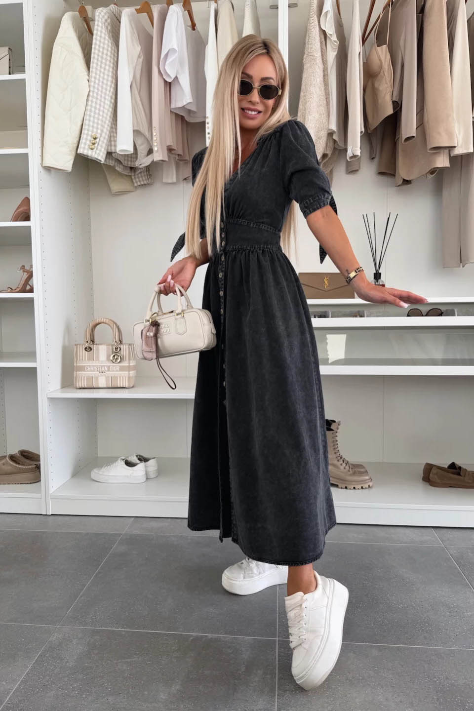 Minimalist V-Neck Buttoned Denim Gown