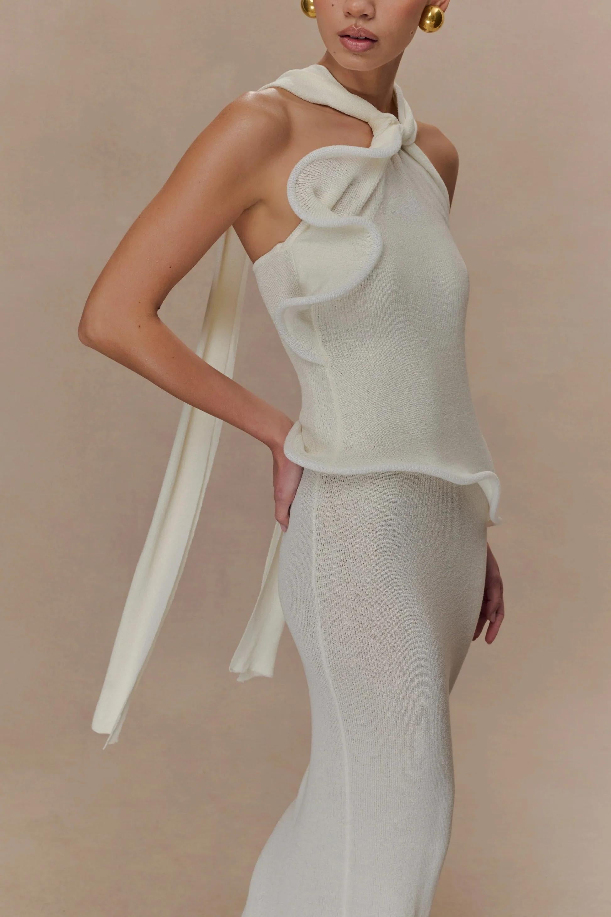 Knit Halter Ruffled Maxi Dress