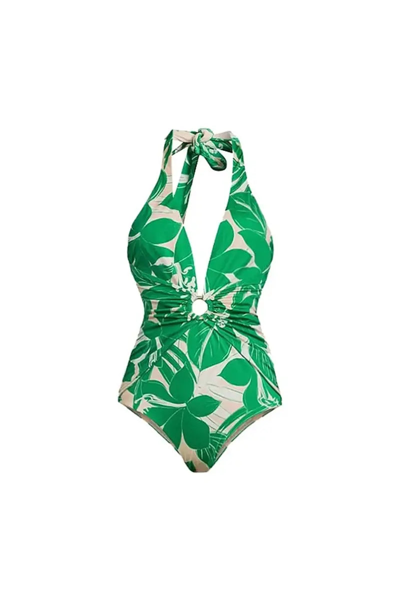 Green Halter Deep V One-Piece Swimsuit Set