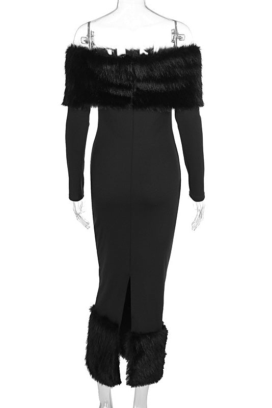 Elegant En-skulder Pelskrage Slank Midi Kjoler