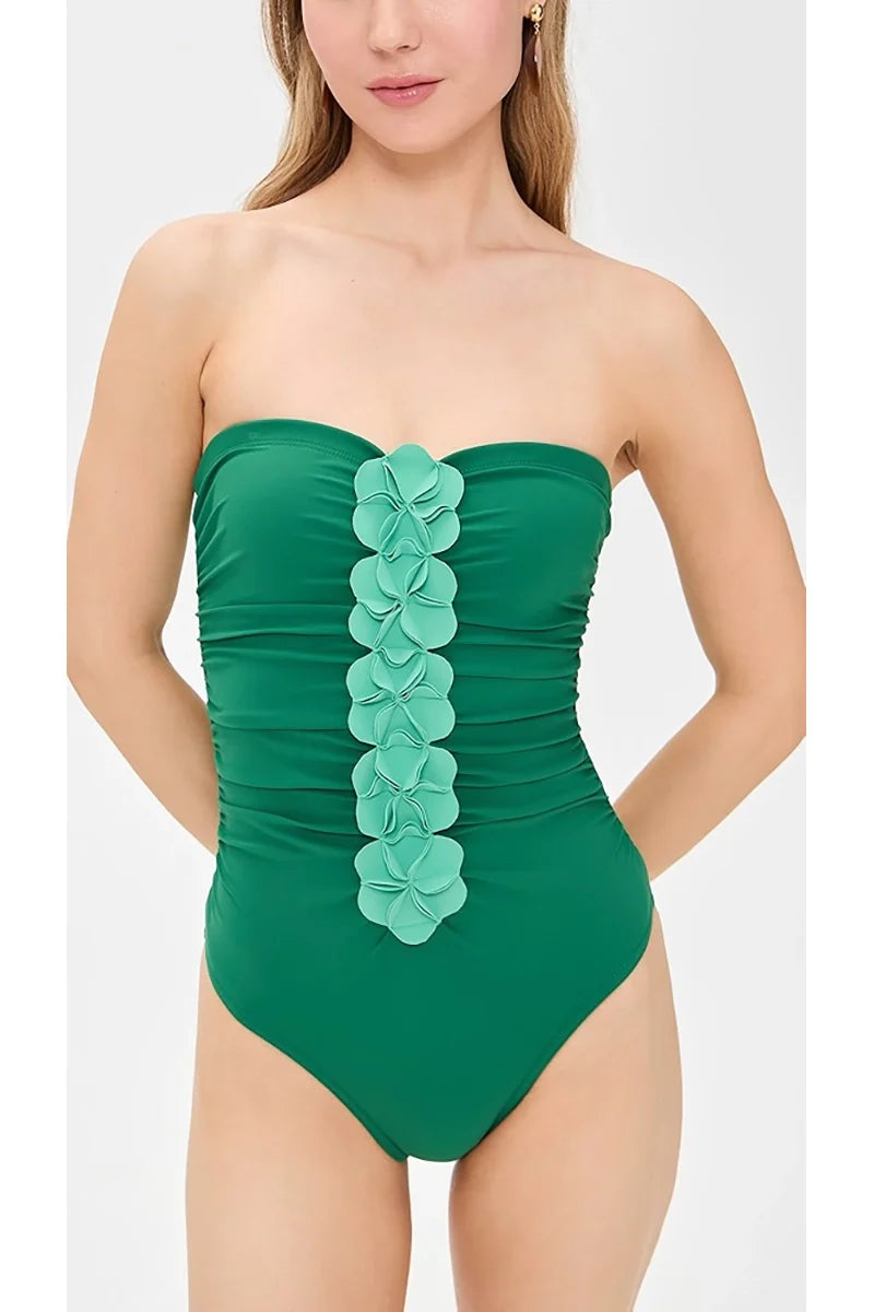 Green 3D Floral Strapless Swimsuit