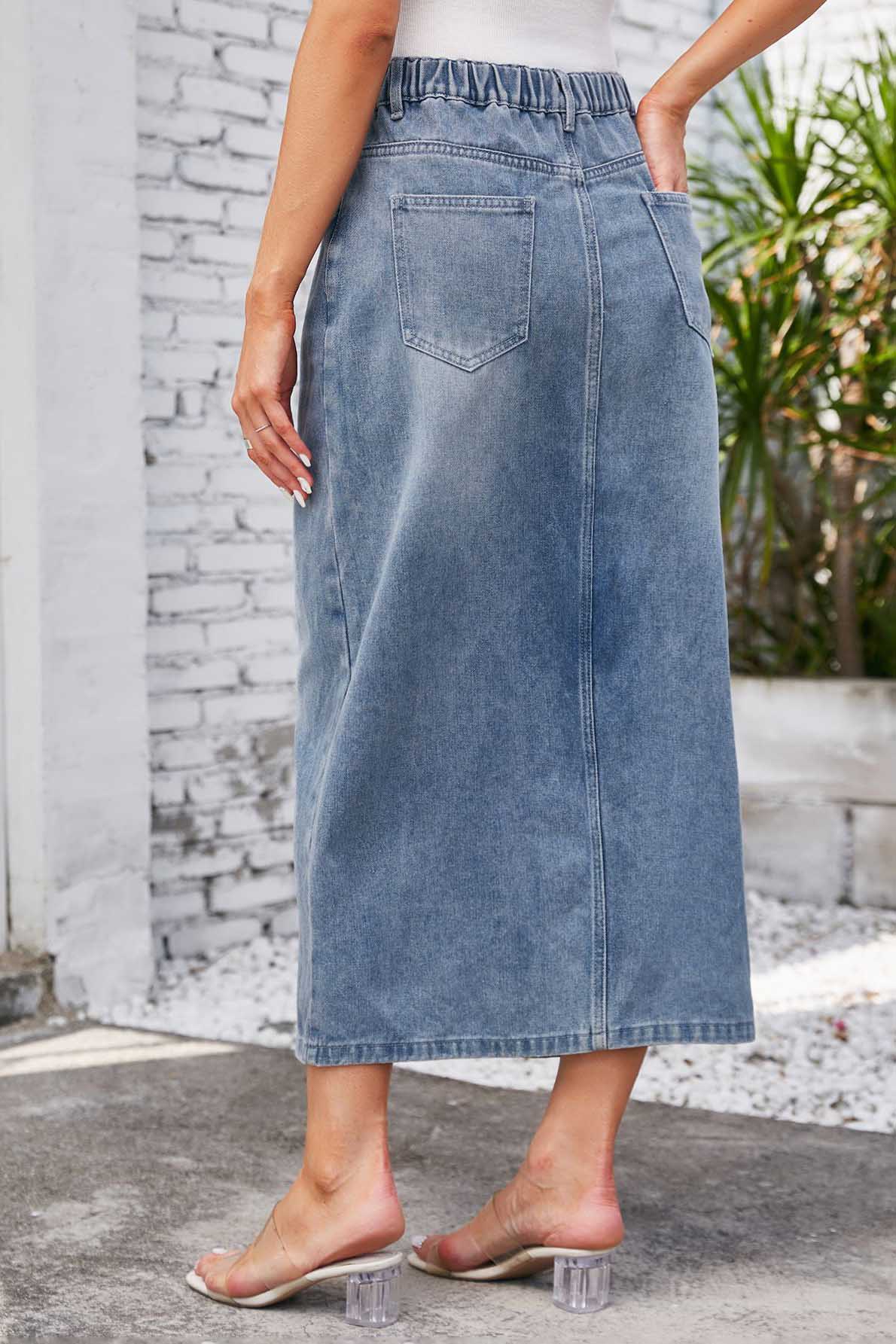 Tvättad elastisk midja denim midi kjol