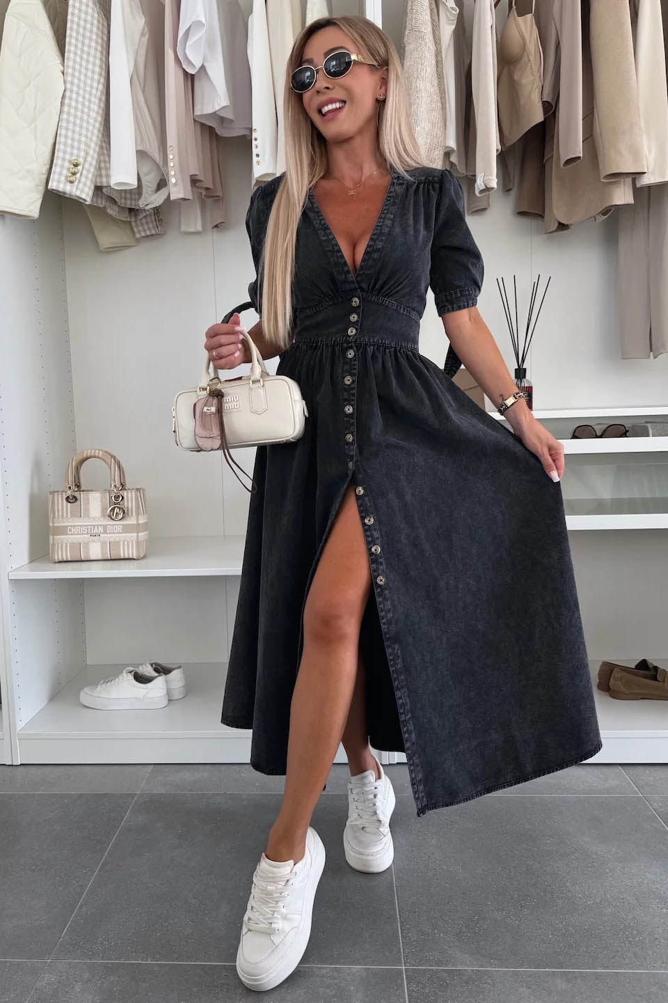 Minimalist V-Neck Buttoned Denim Gown