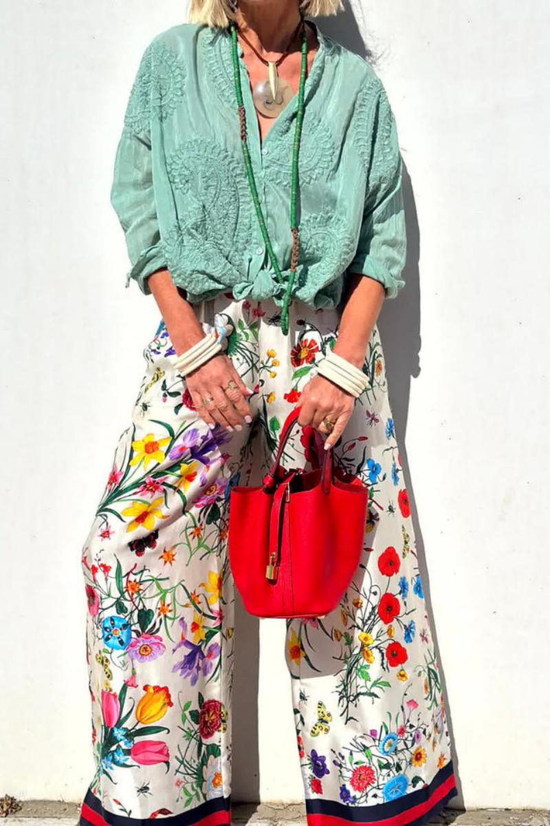 Blummen Eenzegaarteg Drécken elastesche Taille Pocketed Wide Leg Hosen-Set