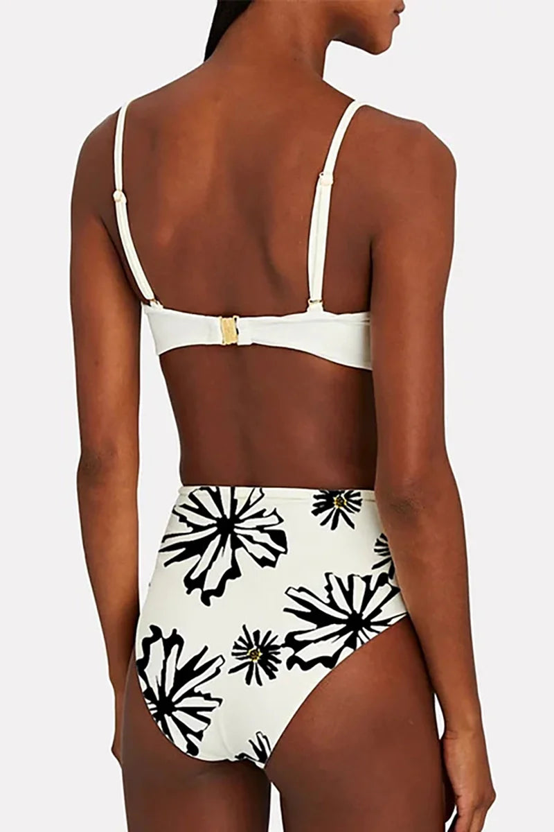 Floral Trim White Printed Bikini Set