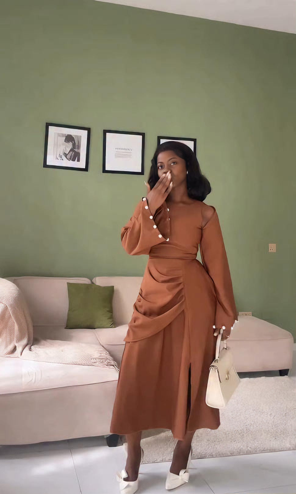 Pearl-Trimmed Asymmetric Pleated Midi Dress