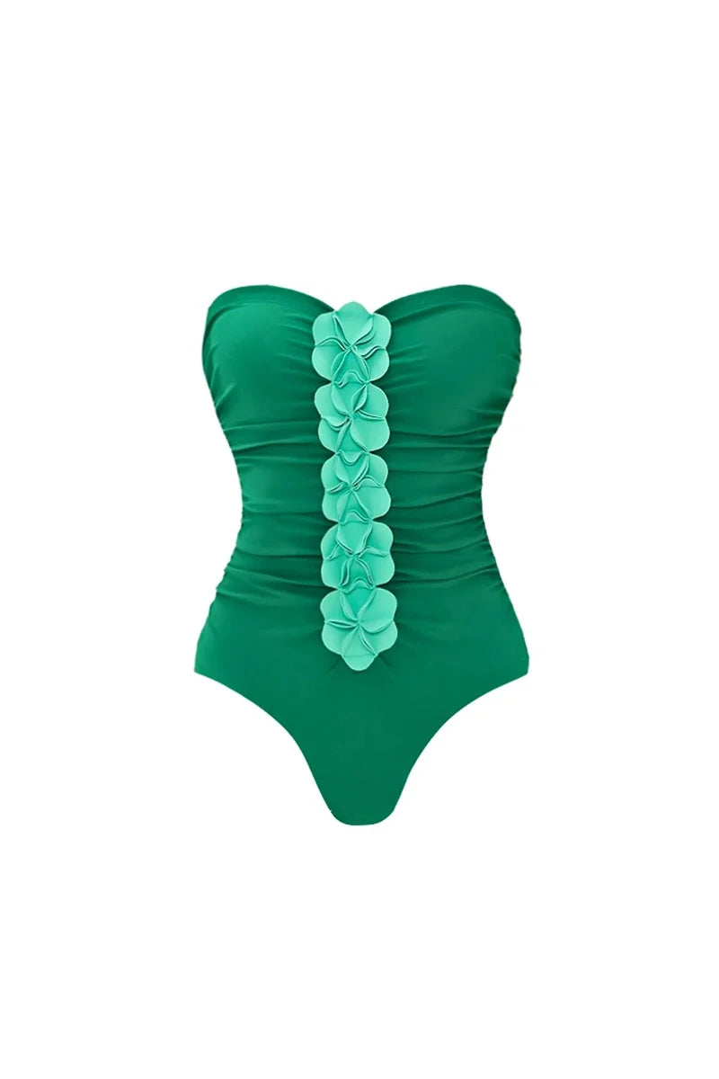 Green 3D Floral Strapless Swimsuit