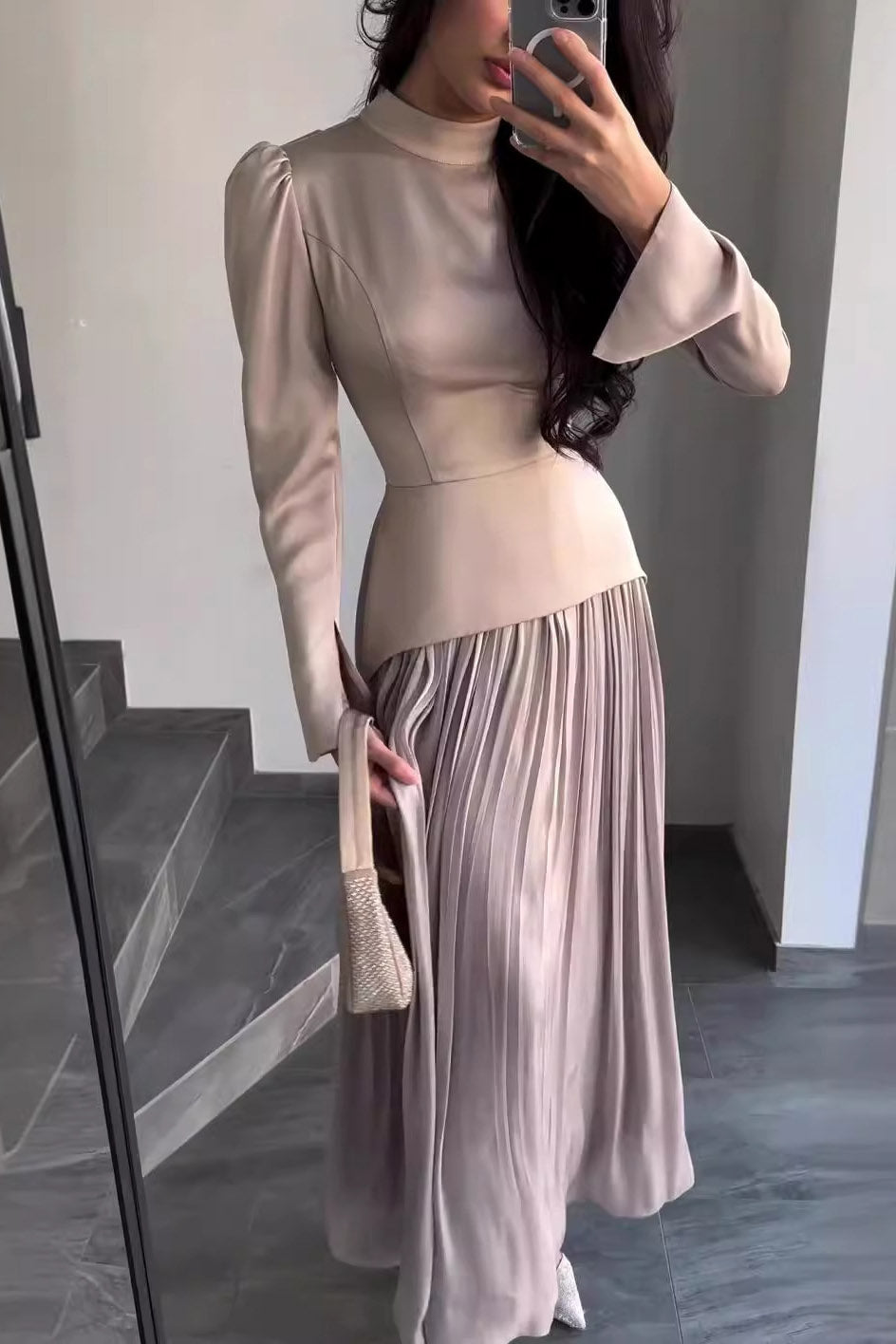 カラーブロックスプライシングスリムフィットレースアップ長袖マキシドレス