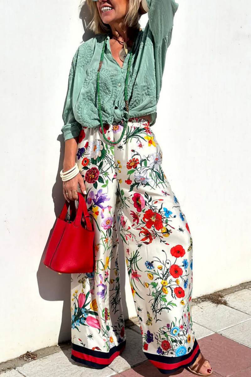 Blummen Eenzegaarteg Drécken elastesche Taille Pocketed Wide Leg Hosen-Set